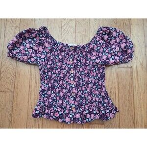 Lemon Kiss Girls Short Sleeve Boho Floral Smocked Top Puff Sleeves Size 10